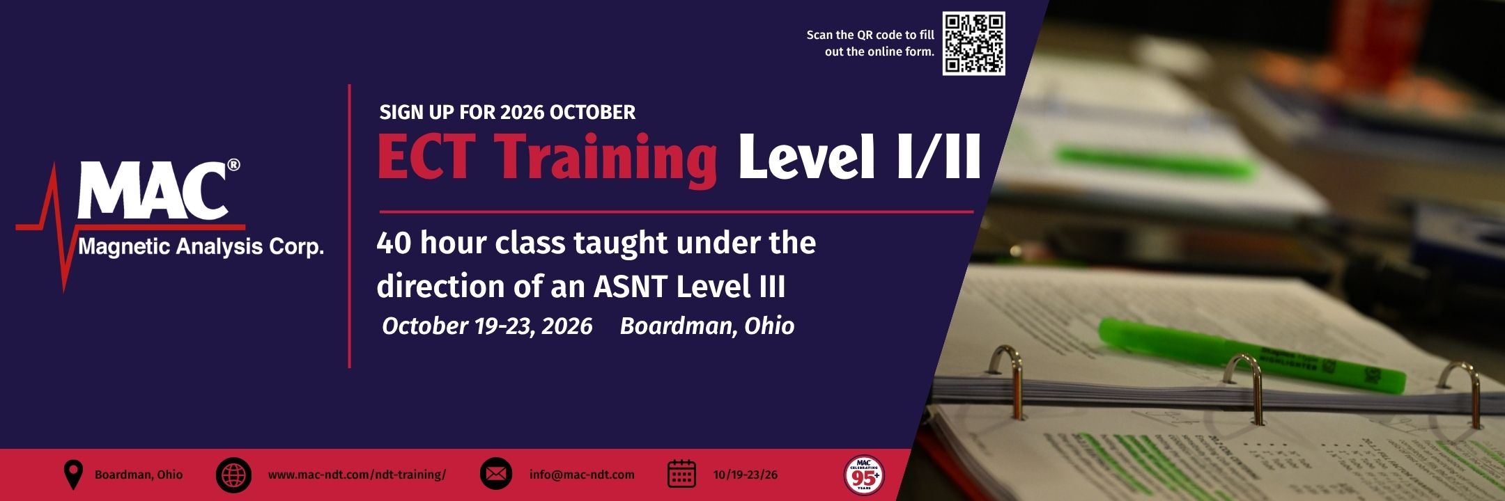 Advertisement for ECT Training Level I/II with MAC logo and text on a dark background.