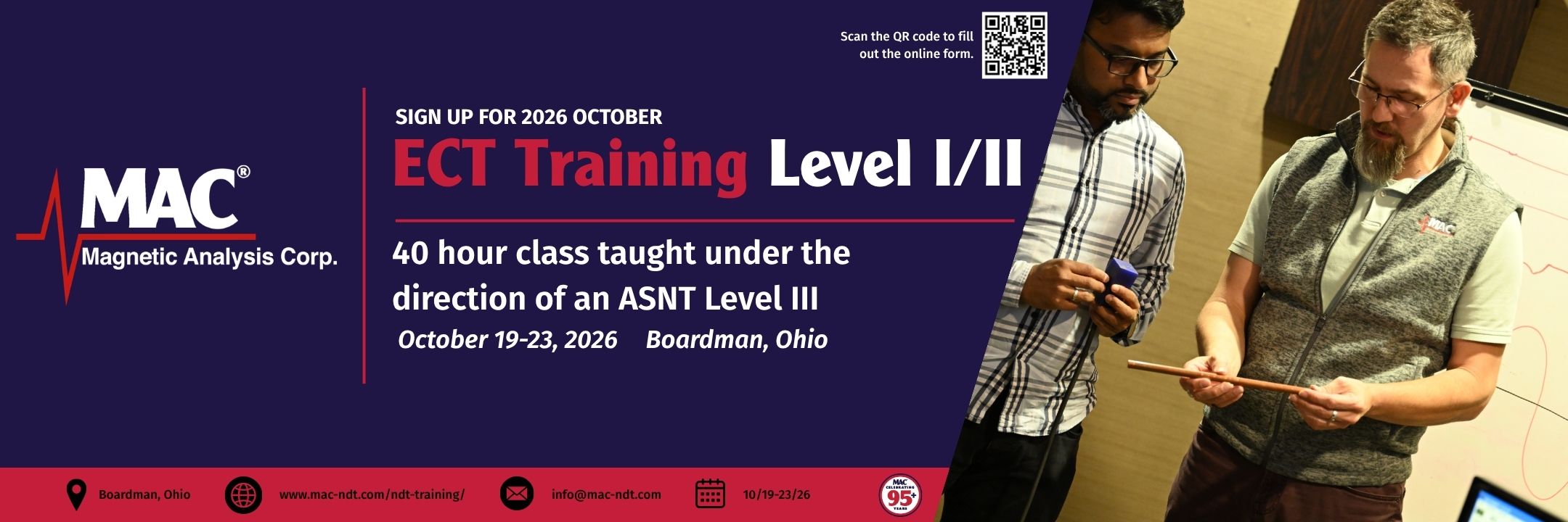 Banner for level 1/2 training of Eddy Current basic by an ASNT Level 3 in October 2026 in Boardman Ohio