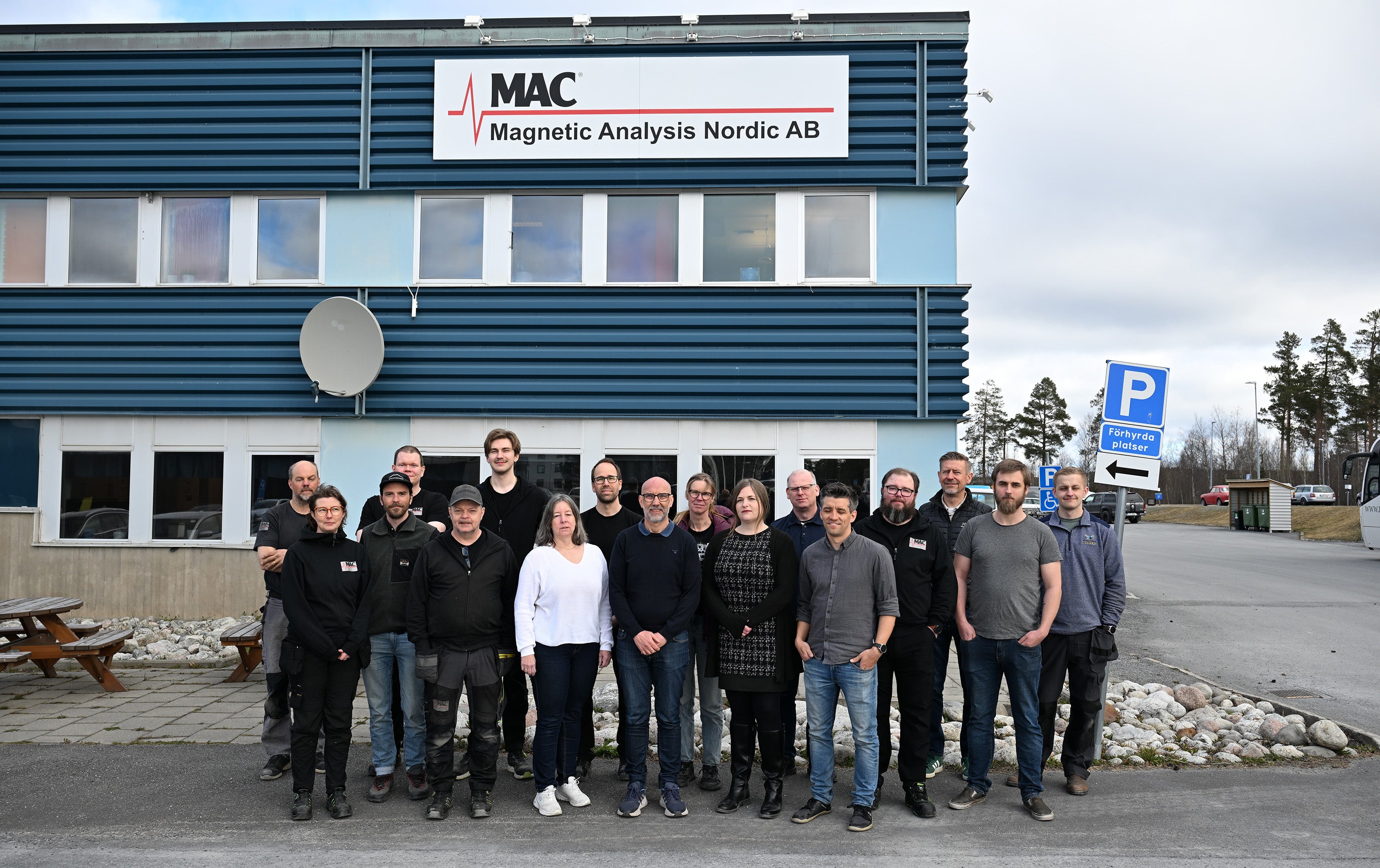 Magnetic Analysis Nordic AB (MAN) team of 15+ engineers gather outside the Swedish manufacturing facility for a group photo. 