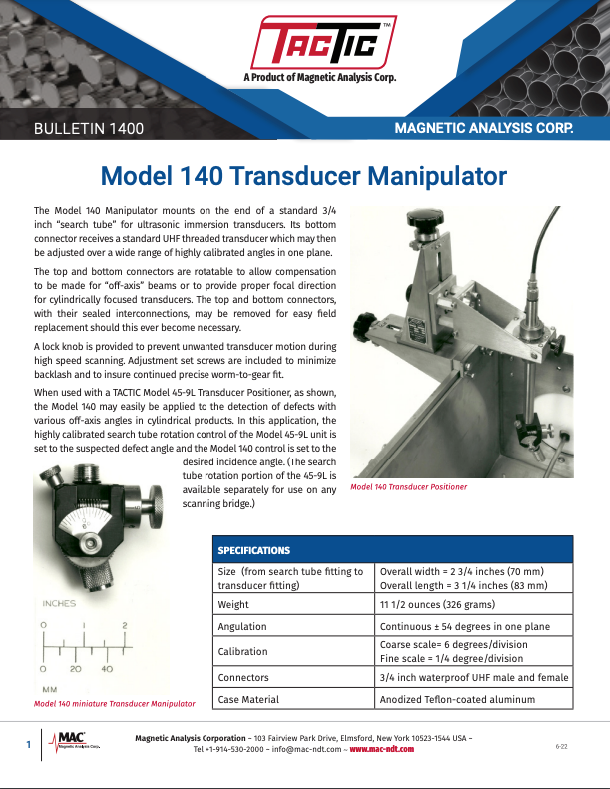 BULLETIN 1400 - Model 140 Transducer Manipulator