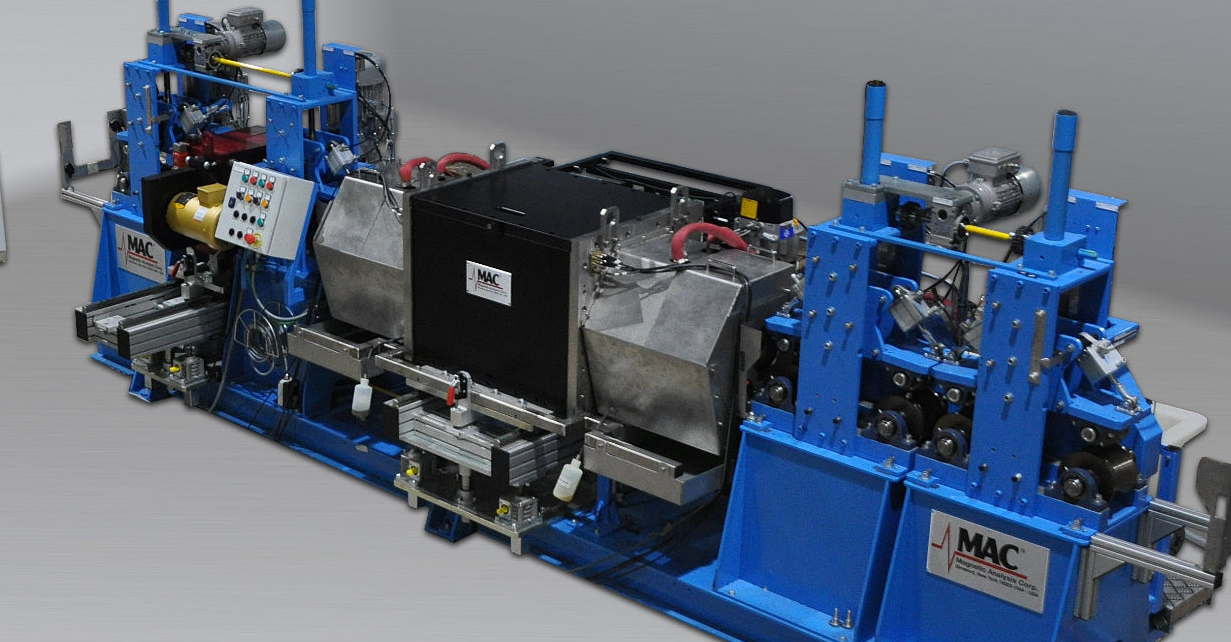 Ultrasonic inspection machine with a UT rotary designed to test tube and bar for internal defects. 