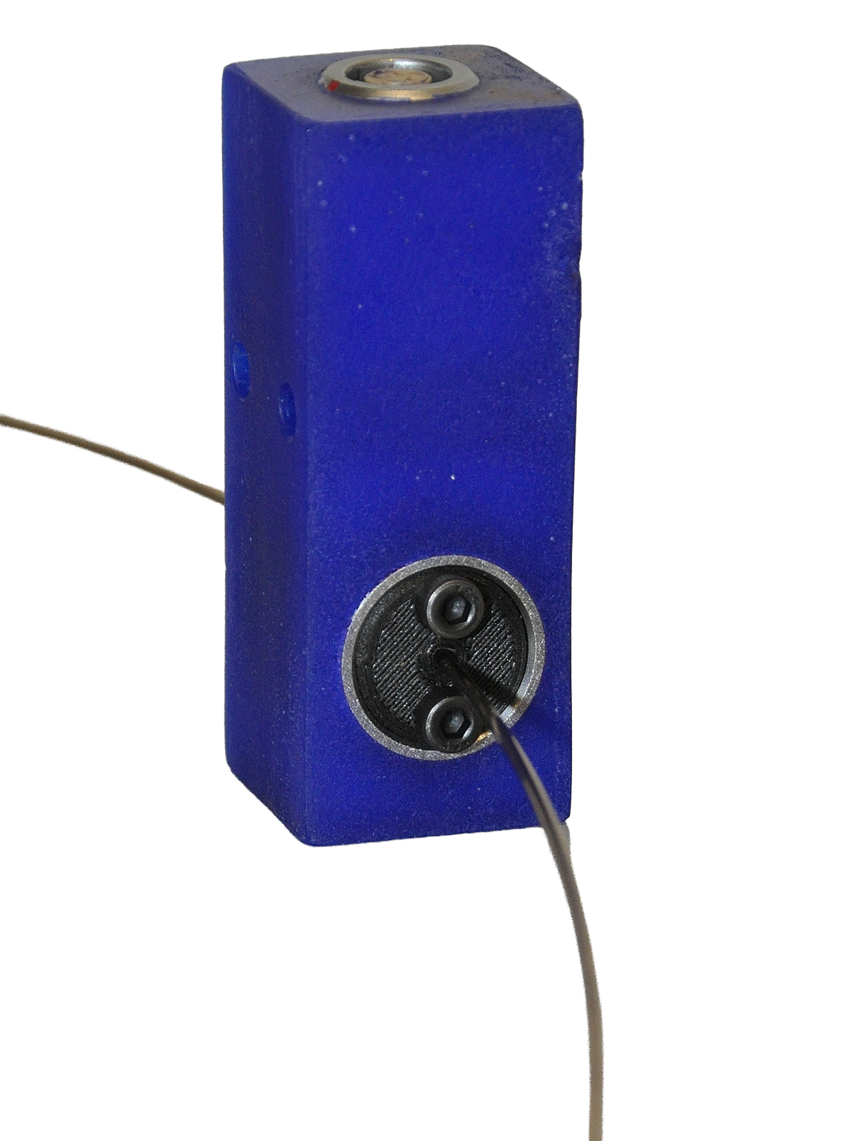 blue eddy current encircling coil for small diameter wire with a small wire inserted for defect inspection